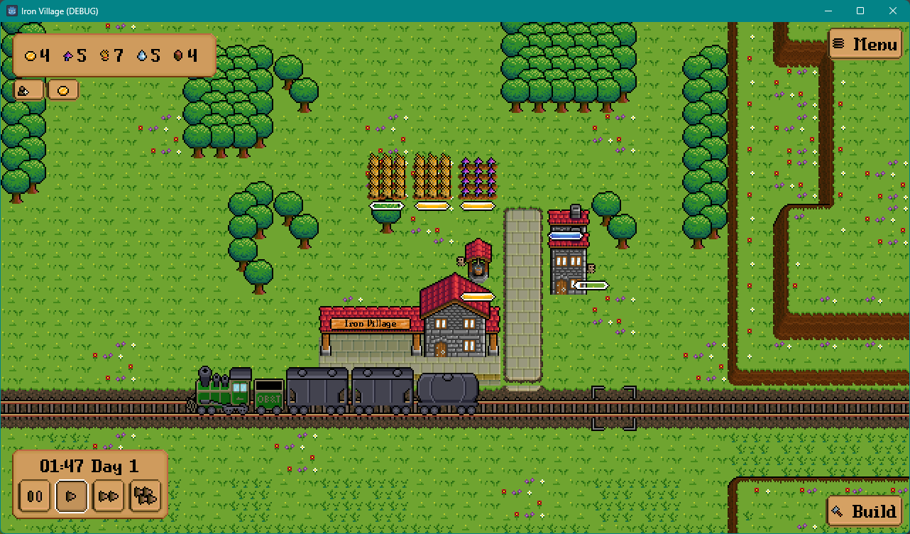 A screenshot of Iron Village. The train has departed.